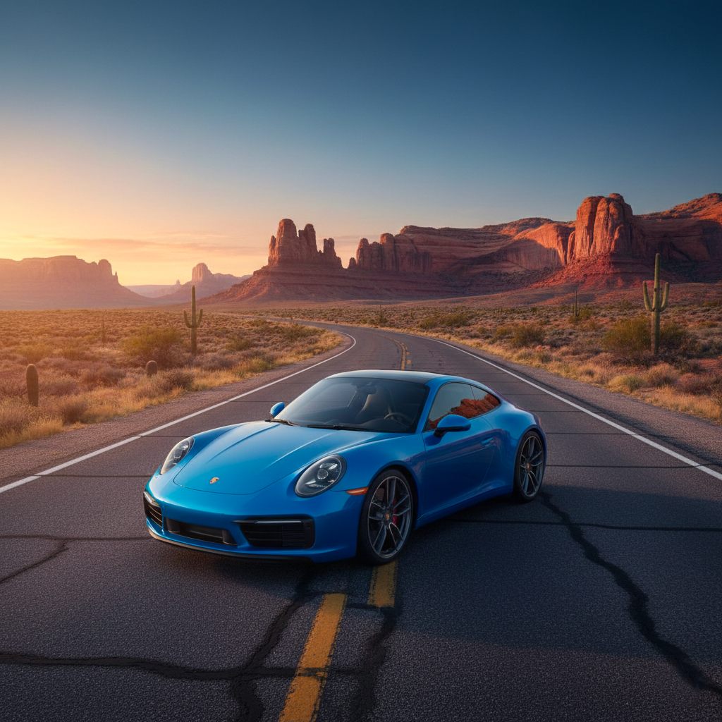 Coupé bleu sur une route de désert