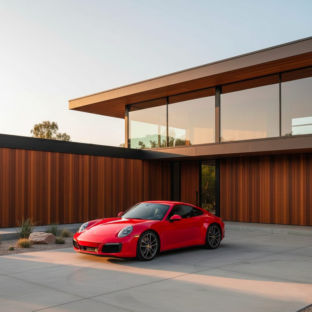 Voiture de sport rouge devant une villa contemporaine en bois