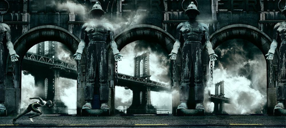 Composition de statues monumentales devant un pont sous un ciel tourmenté